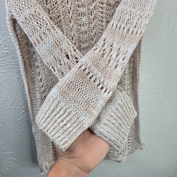 Tommy Bahama Tunic Top Open Knit Crochet M Tan Linen Minimalist Cover Up V Neck - Picture 5 of 12